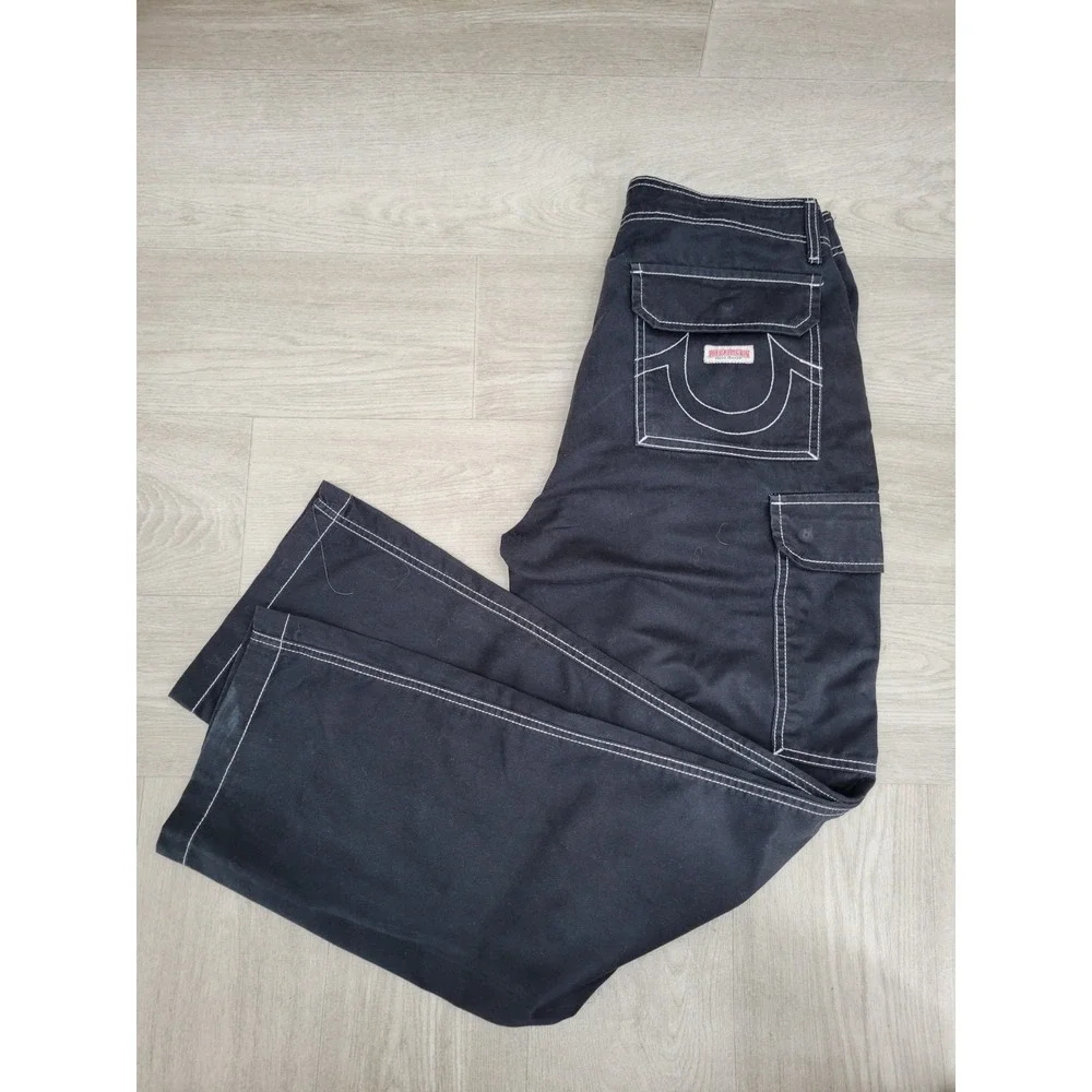 True Religion Cargo Pants Men's Size 32 Black White Stitch Baggy Utility Pockets